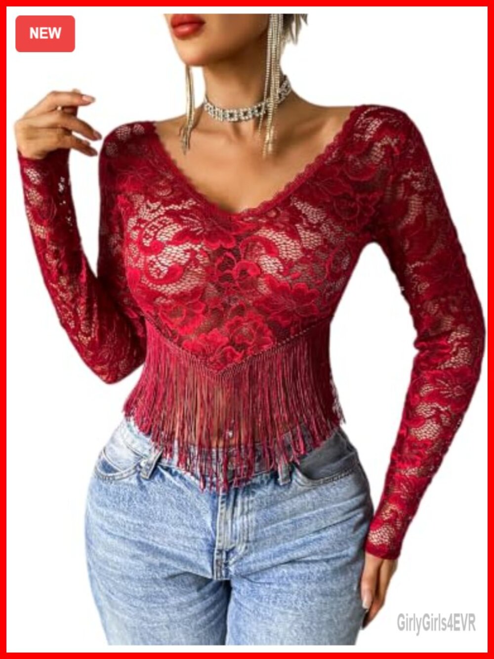 Lace Crop Top V Neck Long Sleeve Sheer Fringe Hem Blouse